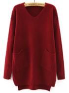 Shein Burgundy V Neck Pockets Loose Sweater