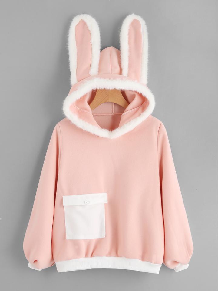 Shein Rabbit Ear Hooded Contrast Trim Sweatshirt