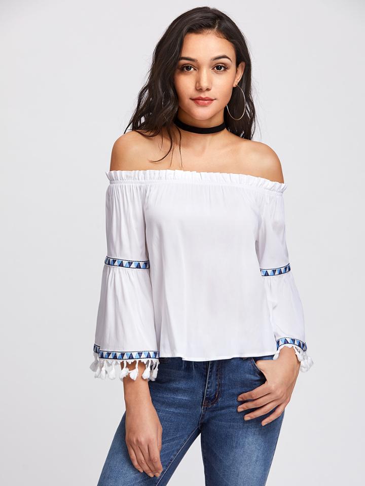 Shein Embroidery Tape Detail Tassel Trim Frill Detail Bardot Top