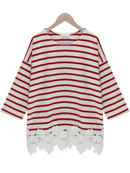Shein Maroon Striped Lace Hem Plus T-shirt