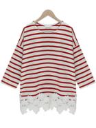 Shein Maroon Striped Lace Hem Plus T-shirt