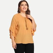 Shein Plus Tassel Tied Neck Ruffle Sleeve Blouse