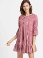 Shein Red Checkered Double Godet Front Ruffle Dress