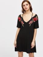 Shein Embroidered Rose Applique Strappy Neck Flowy Dress