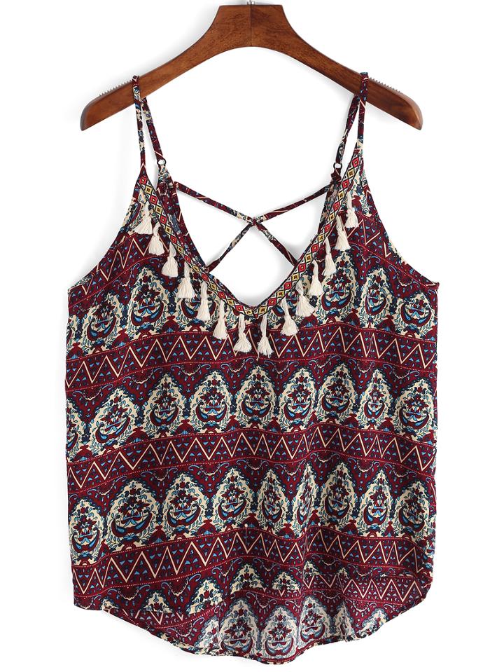 Shein Tribal Print Tassel Neck Crisscross Cami Top