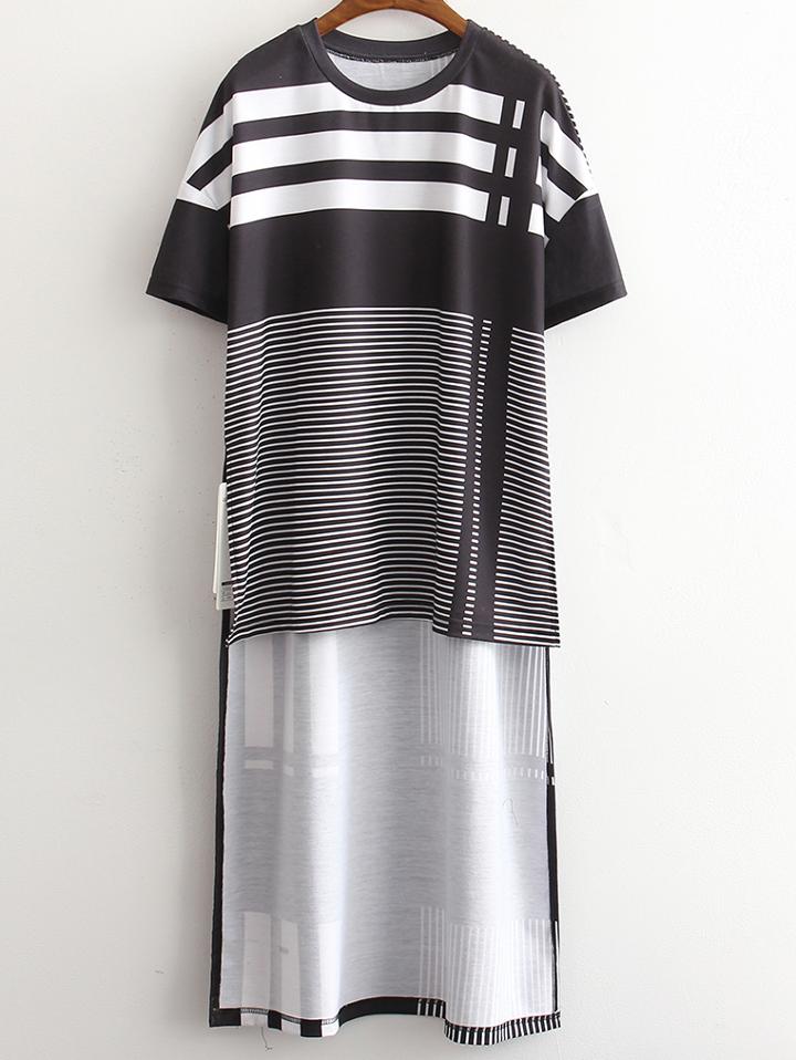 Shein Multicolor Short Sleeve Stripe High Low Midi Dress