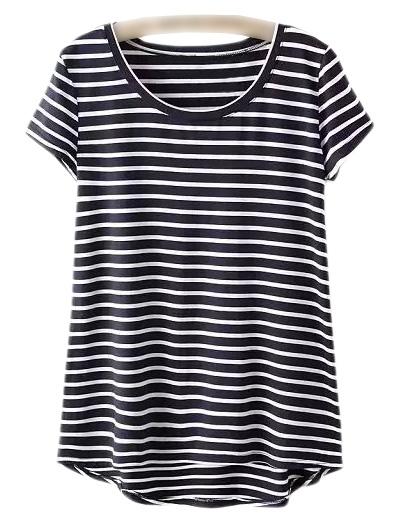 Shein Black Dip Hem Short Sleeve Stripe T-shirt