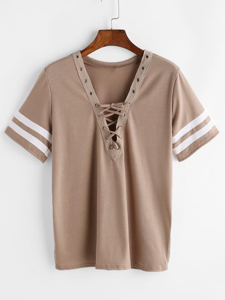 Shein Khaki V Neck Lace Up Varsity Striped T-shirt