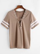 Shein Khaki V Neck Lace Up Varsity Striped T-shirt