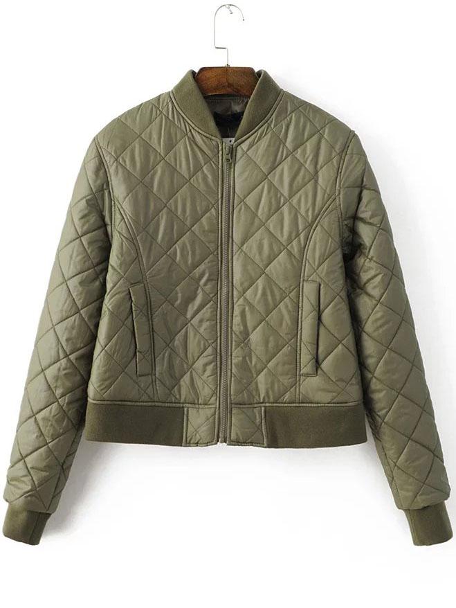 Shein Army Green Diamond Pattern Quilted Padded Zipper Jacket