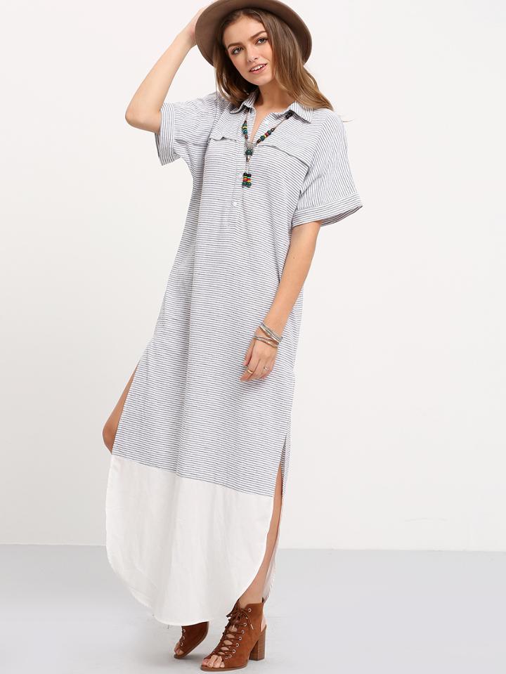 Shein Contrast Curved Hem Polo Collar Slit Dress