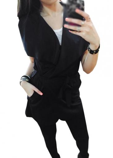 Rosewe Black Pocket Design Belted Sleeveless Trench Coat