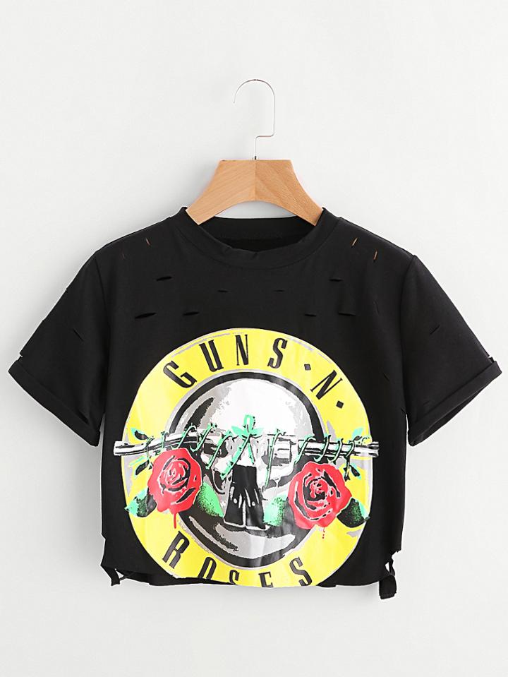Shein Rose Print Ripped Detail Crop Tee