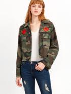 Shein Army Green Camouflage Applique Cropped Jacket