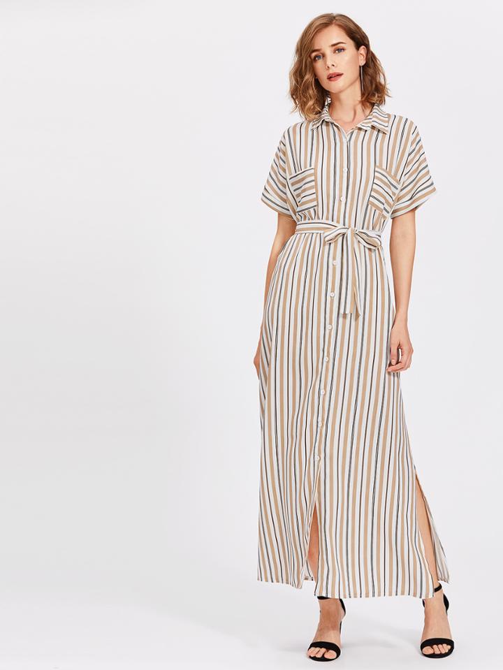 Shein Vertical Striped Tie Waist Slit Shirt Dress
