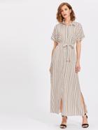 Shein Vertical Striped Tie Waist Slit Shirt Dress