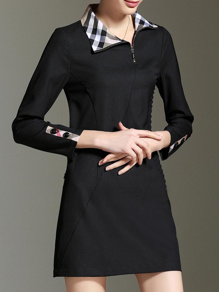 Shein Black Lapel Pleated Shift Dress