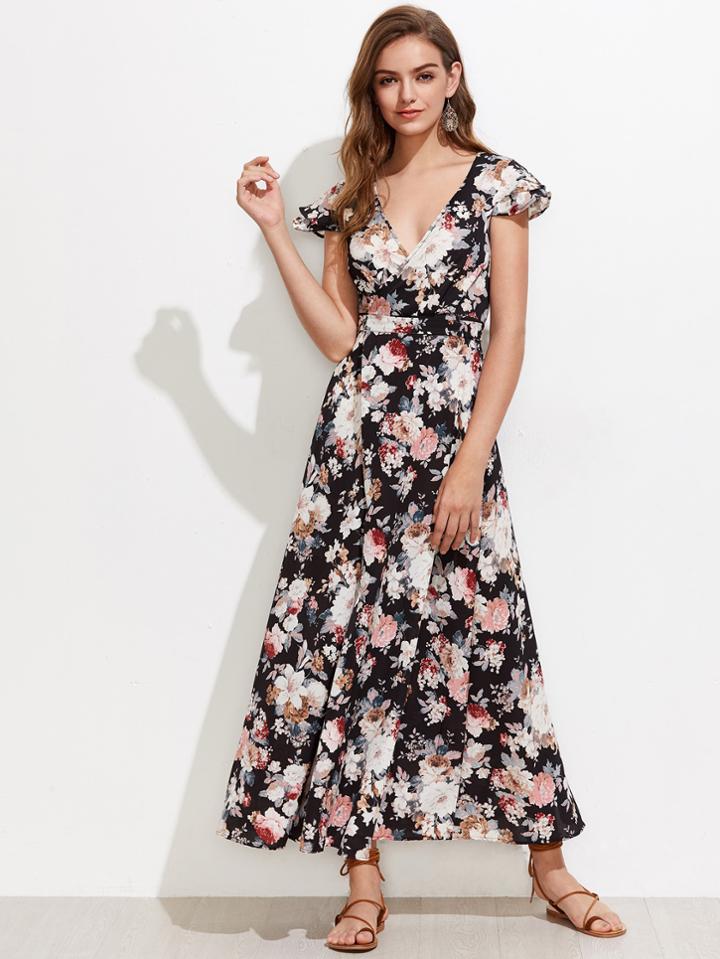 Shein Allover Florals Tiered Cap Sleeve Open Back Dress