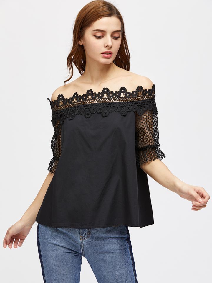 Shein Crochet Bardot Neck And Sleeve Top