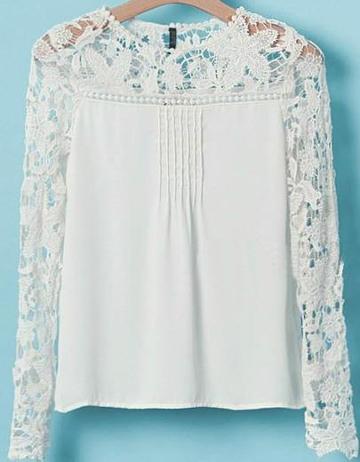 Shein White Long Sleeve Hollow Floral Crochet Blouse