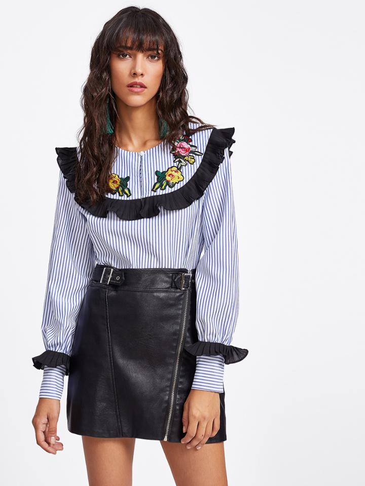Shein Frill Detail Embroidered Patch Striped Blouse