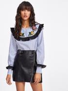 Shein Frill Detail Embroidered Patch Striped Blouse