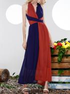 Shein Navy Burgundy V Neck Backless Maxi Dress