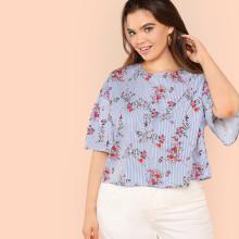 Shein Plus Flower And Striped Print Knot Back Top