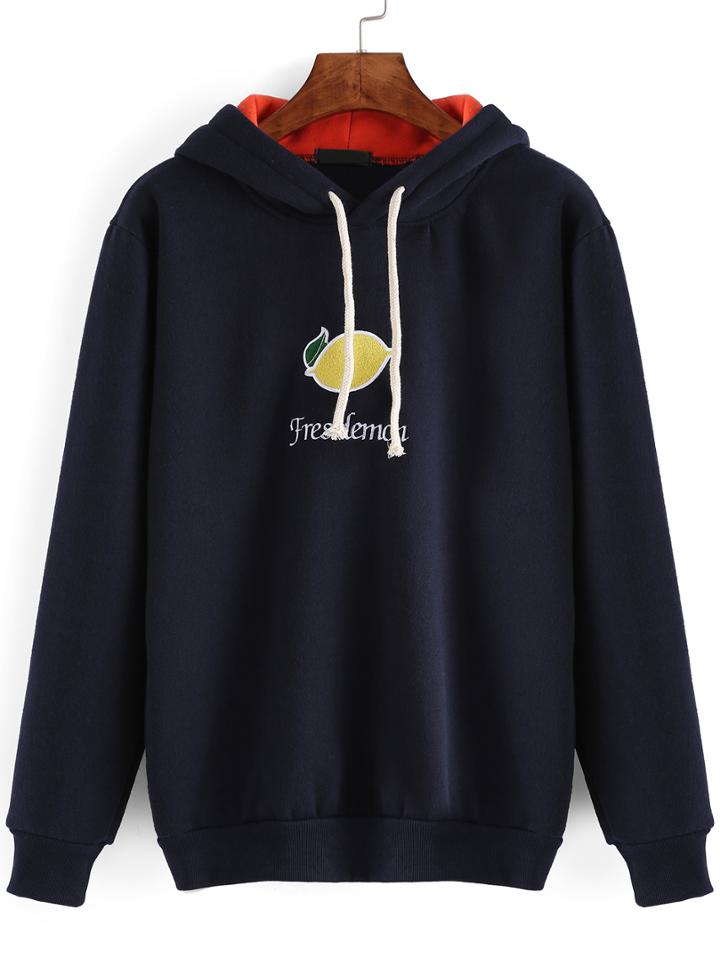 Shein Black Hooded Lemon Embroidered Sweatshirt