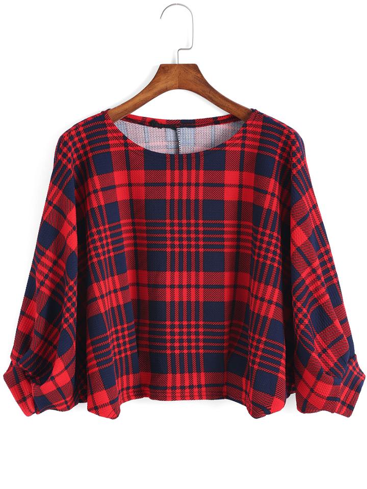 Shein Red Blue Round Neck Plaid Crop Top