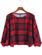Shein Red Blue Round Neck Plaid Crop Top