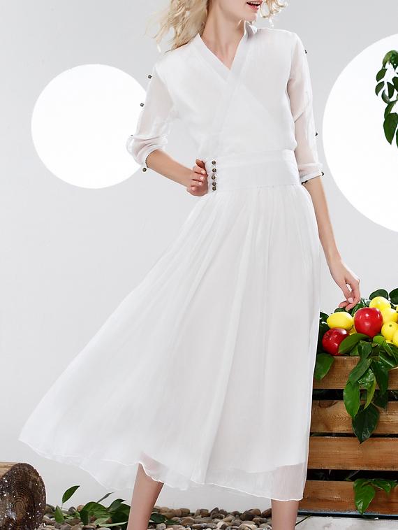 Shein White V Neck Obi A-line Dress