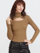 Shein Camel Turtleneck Cut Out Ribbed Sweater