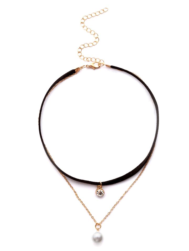 Shein Black Rhinestone And Faux Pearl Pendant Layered Choker