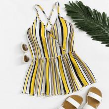 Shein Cross Back Ruffle Hem Striped Cami Top