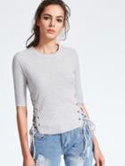 Shein Grey Elbow Sleeve Eyelet Lace Up Knitwear
