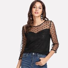Shein Dot Mesh Yoke Sweetheart Top