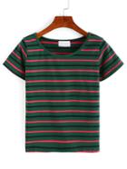 Shein Stiped Print Short Sleeve T-shirt - Olive Green