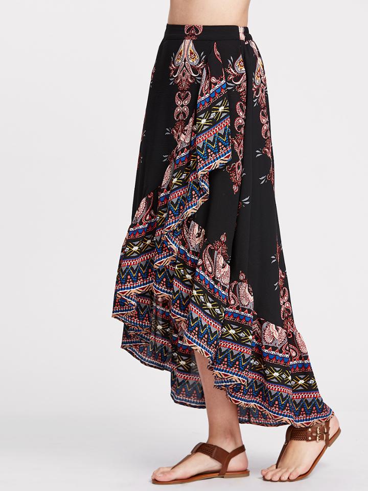 Shein Paisley Print Ruffle Hem High Low Wrap Skirt