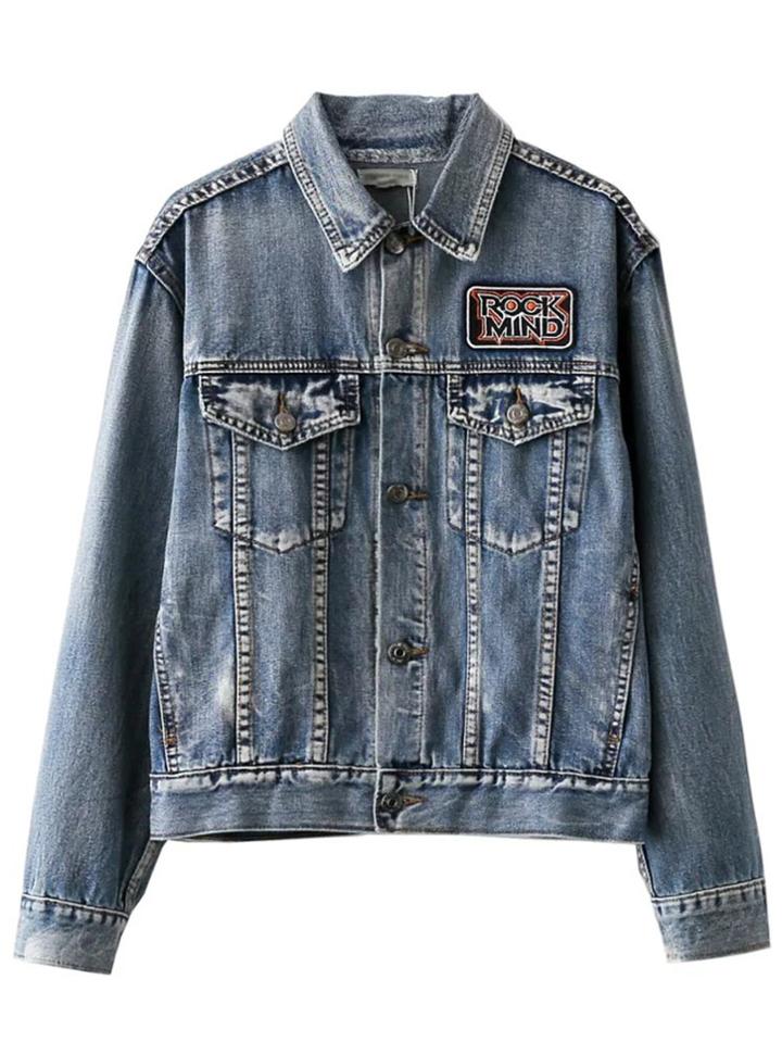 Shein Blue Lapel Button Front Printed Jacket