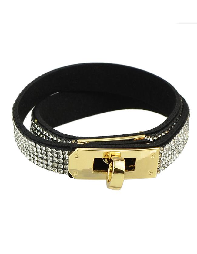 Shein Black Rhinestone Pu Wrap Bracelet