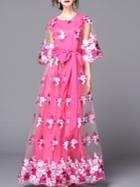 Shein Rose Red Length Sleeve Contrast Gauze Embroidered Tie-waist Dress