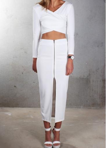 Rosewe Two Piece White Front Slit Top And Skirt