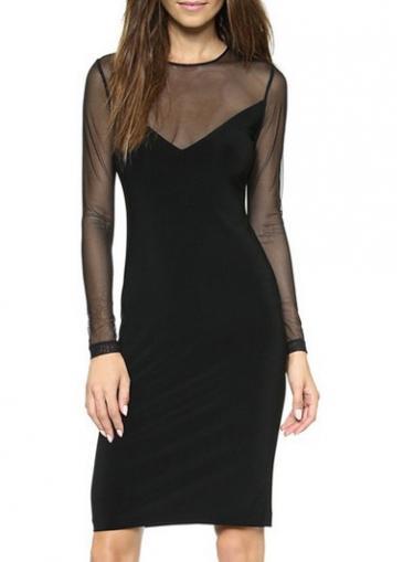Rosewe Glamorous Mesh Splicing Round Neck Long Sleeve Dress
