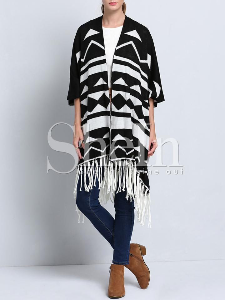 Shein Black Geometric Print Tassel Sweater