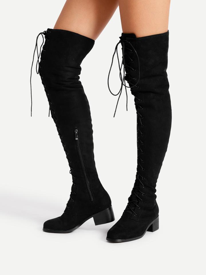 Shein Lace Up Front Block Heeled Thigh High Boots