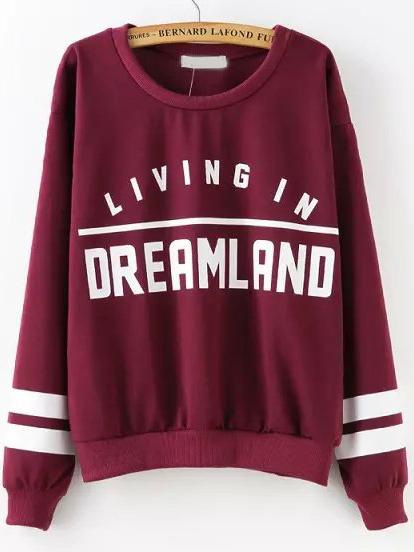 Shein Wine Red Round Neck Patterns Letters Print Sweatshirt