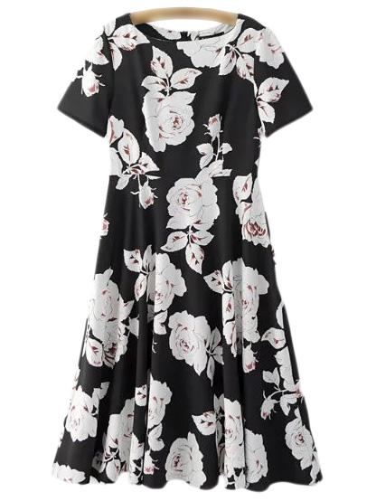 Shein Multicolor Short Sleeve Zipper Back Rose Print Midi Dress