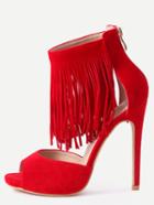 Shein Red Faux Suede Fringe Platform High Heel Sandals