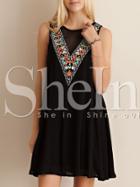 Shein Black Sleeveless V Shape Print Casual Dress